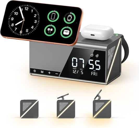 4URPC 6-in-1 Alarm Clock Wireless Charging Station for Apple Multiple Devices,MagSafe Charging Dock for iPhone 17/16/15/14/13 Series, Apple Watch, AirPods,Wireless Charger with Night Light/Alarm Clock