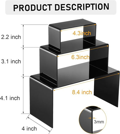 Chuangdi 2 Sets Acrylic Display Risers, Product Stand, Jewelry Display Riser Shelf Showcase Fixtures for Dessert Cupcake Candy Figure Treat Action Showcase(Black,Large Set)