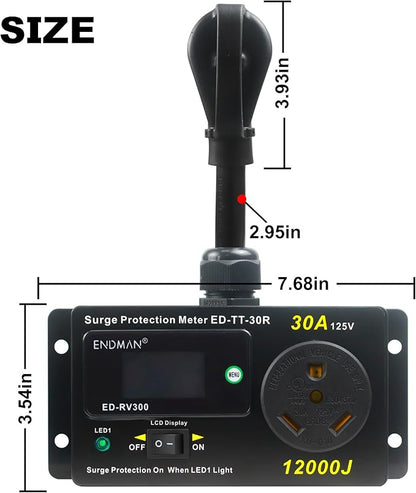 ENDMAN RV 30 Amp Surge Protector with Power Meter (kWh) - 12,000 Joules High Surge Guard - Real-Time Voltage & Amp Monitor for Travel Trailers (NEMA TT-30P)