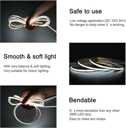 TUNICHX COB LED Strip Lights DC 12V LED Strip Flexible Super Bright LED Strips,16.4ft 6500K White,CRI 90+,2400LEDs High Density Uniform Light for Bedroom Home Room Decor (No Adapter or Controller)