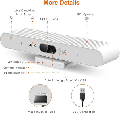 RayBit 4K Video Conference Room Camera System with Remote Control, AI Auto Framing&Focus, Speaking Tracking, Digital Zoom, Webcam with Microphone and Speaker for Windows TV/PC/Laptop/Zoom/Teams/Skype