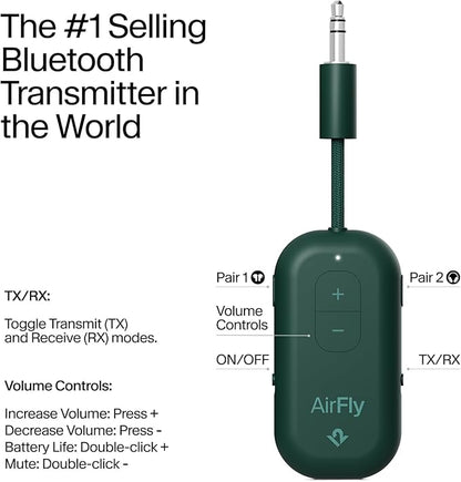 Twelve South AirFly Pro | Bluetooth Wireless Transmitter/Receiver Adapter for 2 Headphones, Audio Sharing, Compatible with 3.5mm aux Jack for Airplanes, TV, Gym, Stereo, and Travel, Evergreen