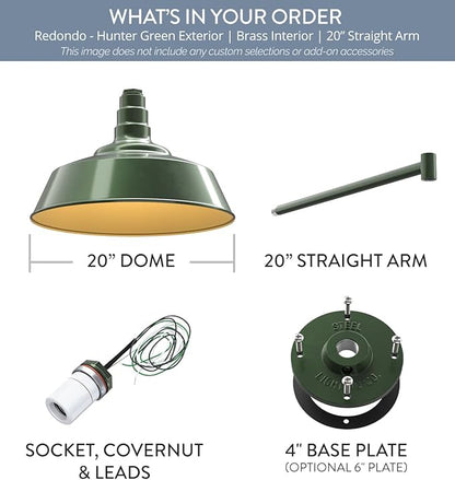 Steel Lighting Co. Large Outdoor Barn Light |Garage Light Fixture | Made in America from 18-Gauge Steel | 20" Dome | 20" Straight Arm Hunter Green Exterior/Brass Interior