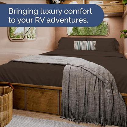 RV Short Queen Sheet Set 60 X 75 - 4 Piece RV Short Queen Bed Sheets - Soft, Breathable and Cooling - Designed for Bunks, Trailers & Campers - Fits 8” to 12" Mattress - Hotel Luxury Bedding - Brown