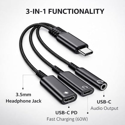 Mizi USB-C Headphone and Charging Adapter 3-in-1 – Type-C to 3.5mm Audio Jack + USB-C PD Charging + Type-C Audio Splitter, Compatible with iPhone, iPad, Samsung Galaxy, Pixel, and More – Black
