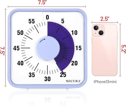 Secura 7.5 Inch Visual Timer, 60 Minute Oversize Visual Countdown Timer for Kids and Adults, Durable Mechanical Time Management Tool (Violet)