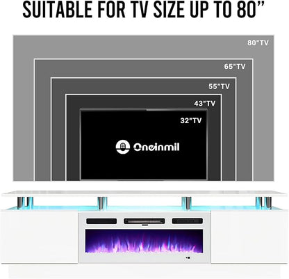 oneinmil Fireplace TV Stand with 36” Electric Fireplace, 70” 2 Tier TV Console Stand for TVs Up to 80", LED Light Entertainment Center, Fireplace for The Living Room TV Stand, White