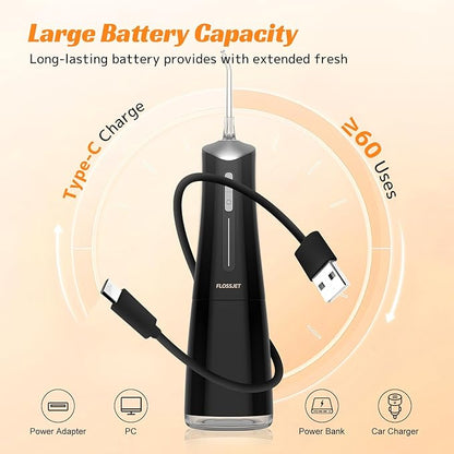 FlossJet Water Dental Flosser Cordless Oral Irrigator with 300ml 5 Tips 4 Modes USBCharger Portable Travle Irrigation Cleaner IPX7 Electric Irrigador Dental for Teeth Cleaning (Black)