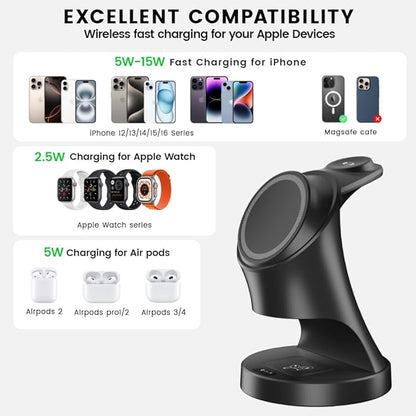 3 in 1 Wireless Charging Station for Apple Devices,Magsafe Charger Stand for IPhone16 15 14 13 12 Pro/Max/Plus/Mini Wireless Charger Station for AirPods 2/3/Pro iWatch Ultra/8/7/SE/6/5/4/3/2