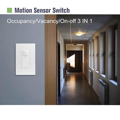 RAYZEEK 3 in 1 Motion Sensor Switch with Occupancy Sensor/Vacancy Sensor/Normal On-Off Switch Options,PIR Motion Activated Wall Sensor Switch for Indoor,PC Fireproof(10A, Ground Wire Version)
