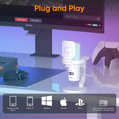 COMICA EJoy Uni Pro Wireless USB Condenser Gaming for PC, PS4, PS5, USB C Phone and Mac, RGB Computer Mic for Twitch, Streaming/Podcasting/YouTube, Noise Cancellation Mic with Mute, Gain, Monitoring