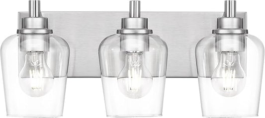 METWET Bathroom Light Fixtures, 3-Light Modern Vanity Light with Clear Glass Wine Glass-Shaped Shade, Vanity Lighting Fixtures Over Mirror, Brushed Nickel, VL155-BN-3