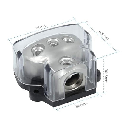 RKURCK 3 Way Power Distribution Block, 0/2/4 AWG Gauge in, 4/8/10 Gauge Out, Car Audio Stereo Amp Distribution Connecting Block for Audio Splitter (1x0GA+3x4GA)