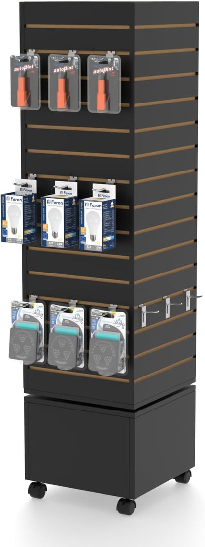 16" W * 16" D * 62" H - Black Slatwall Tower, Four Panel Slatwall Retail Fixture, Rotating Retail Display Rack