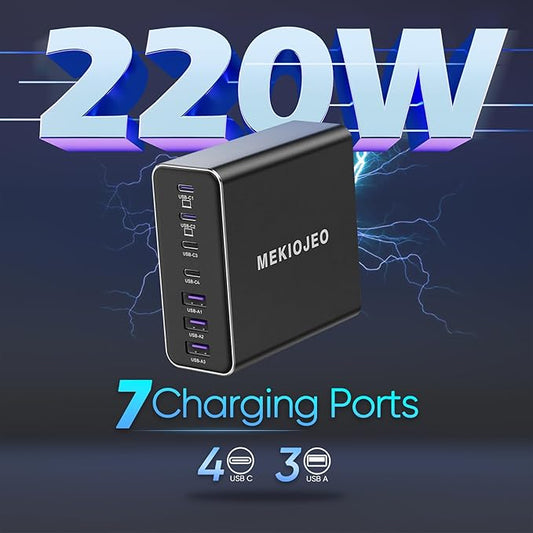 Aluminum Alloy 220W USB C Charger 7 Port Fast Charging Station,65W USB C Laptop Charger Compatible with MacBook Pro/Air (Black)