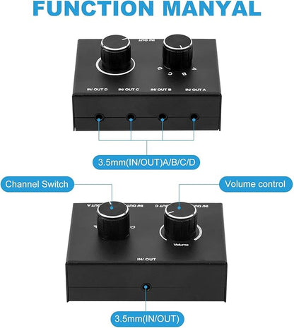 AV Access 4 Port Audio Switcher - 3.5mm Stereo AUX Audio Selector & Splitter