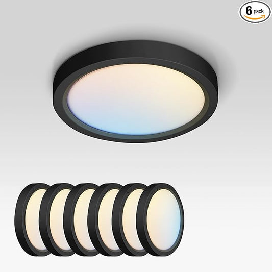 ASD LED 7" Round Flush Mount Ceiling Light Fixture, Low Profile Surface Lighting | 5CCT, Dimmable, Ultra-Thin, ETL Listed | 15W 1260LM 2700-6000K 120V | Kitchen, Bedroom, Hallway Lamp | Black, 6 Pack