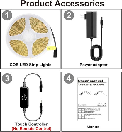 Pandery COB LED Strip,LED Strip Lights 3M/9.84ft,Touch Dimmable LED Strips,CRI90+,2700K Warm White cob led,960LEDs,24V LED Tape Lights,Indoor for Bedroom, Kitchen, TV, Mirror,Cabinet