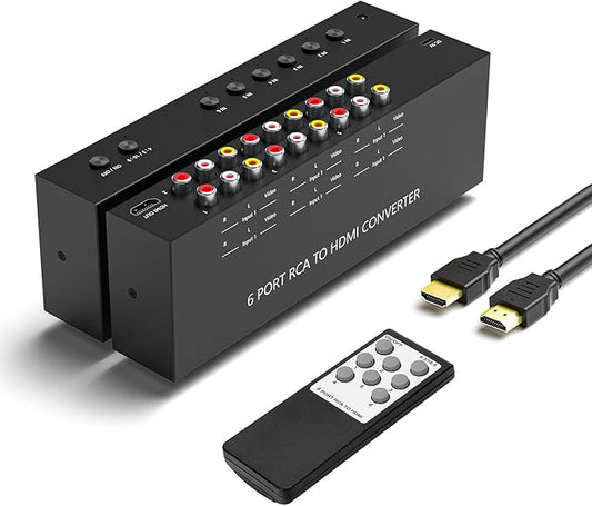 Arector 6 Port RCA to HDMI, 1080P/720P 6 Way AV to HDMI Converter Composite CVBS AV Switch to HDMI Converter Adapter Support 4:3/16:9 Switching, for Sega Xbox PS2 PS3 N64 NGC SNES WII VHS VCR Camera
