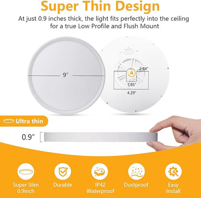 RLEDPZTX Led Flush Mount Ceiling Light,9 Inch 18w 1860lm,3000k/4000k/6000k 3CCT Selectable, Round Modern Flat Panel Super Slim Led Ceiling Light,for Living Dining Kitchen Bedroom Room (6Pack-White)