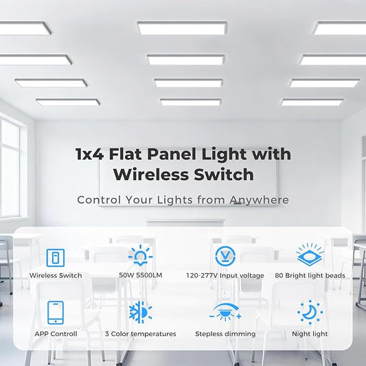 AIKVSXER 42 Pack 1x4 FT LED Flat Panel Light Surface Mount, with Wireless Switch & App Control, Night Mode, 50W 5500LM, 3000K/4000K/6500K, Ultra-Thin LED Light for Office Home,120-277V - White
