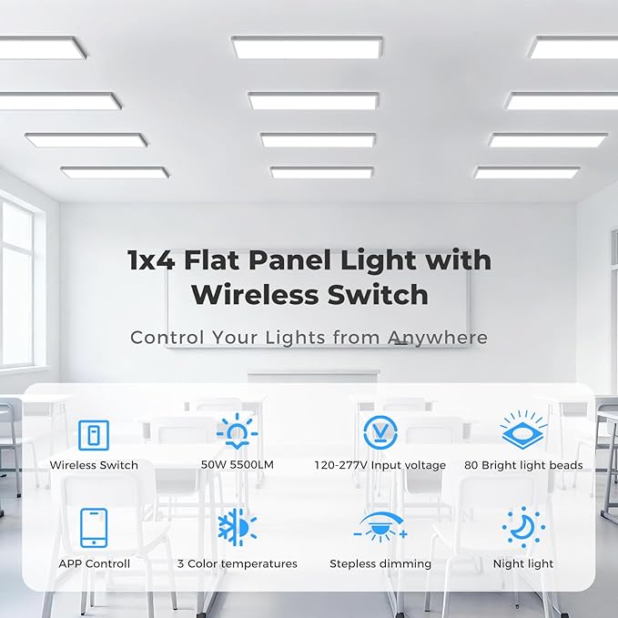 AIKVSXER 4 Pack 1x4 FT LED Flat Panel Light Surface Mount, with Wireless Switch & App Control, Night Mode, 50W 5500LM, 3000K/4000K/6500K, Ultra-Thin LED Light for Office Home,120-277V - White