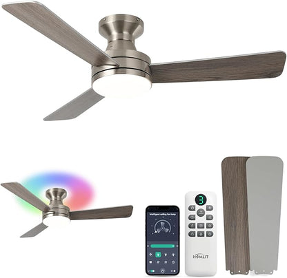 Homlit 42 inch RGB Ceiling Fan with Light, Smart App & Remote Control Low Profile Flush Mount, Music Sync Lighting, 6-Speed Quiet Reversible DC Motor, 4CCT Dimmable for Home Office Party