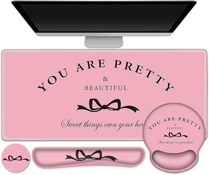 Gaming Mouse Pad, Large Desk Mat, Cute Desk Pad Protector, 4in1 XXL Mousepad + Keyboard Wrist Rest+Mouse Wrist Rest+Coaster Set with Ergonomic Desk Pad for Home Office Table Computer, Pink Pretty Bow