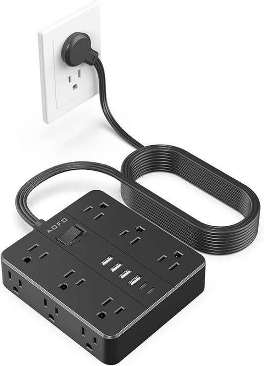 AOFO 15FT Surge Protector Power Strip,12 AC Outlets with 6 USB Ports (2 USB-C), Flat Plug Extension Cord with Multiple Outlets, Wall Mount for Home Office,Dorm, Black