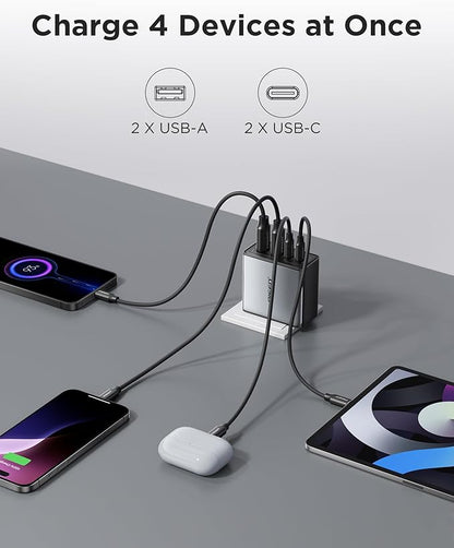 PISEN 65W USB C Charger - 4-Port GaN Fast Charging Block Type C Charger Fast Charging Wall Plugs with 4FT C to C Cable for MacBook Pro/Air, iPhone 16/15/14, iPad Pro, Galaxy S24, Pixel 8, Steam Deck