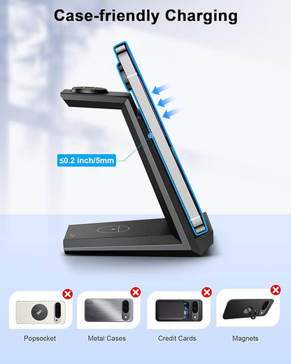 NANAMI Wireless Charger for Google - 3 in 1 Wireless Charging Station Fast Charger Stand Dock for Pixel 9 Pro XL/9/Fold/8/7/7A/6,Buds Pro 2/Pro, Watch 3/2,Fitbit Versa 4/Sense 2(Not for Pixel Watch 1)