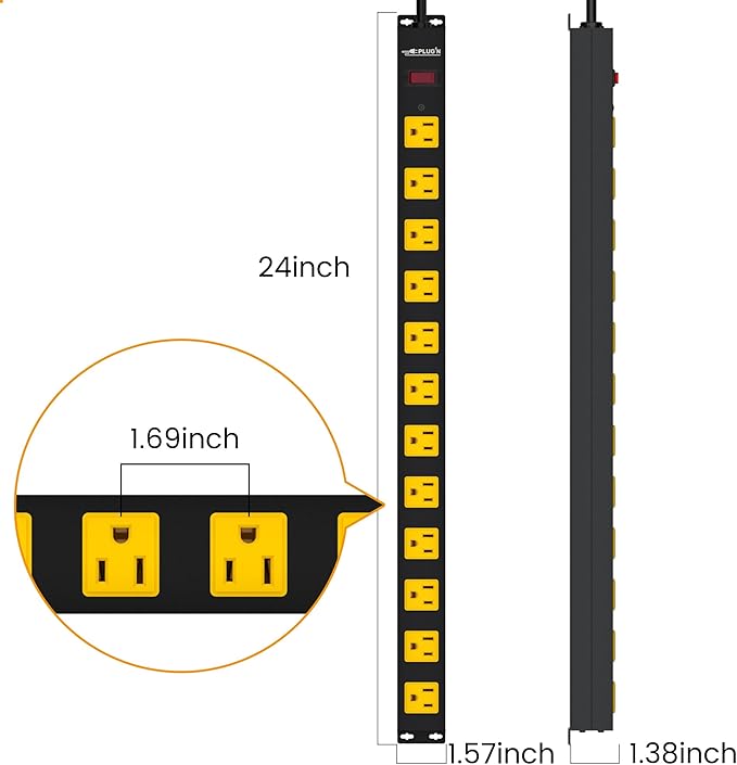 12 Outlet Long Power Strip, 3FT Power Cord, 2100 Joules Surge Protector, Wide Spaced Outlet Power Bar, Overload Protection Switch, Industrial Heavy Duty for Work Bench, Shop, Garage