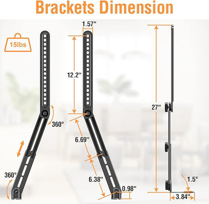 ELIVED Soundbar Mount, Sound Bar TV Bracket, for Mounting Above or Under TV, Fits Most Sound Bars Up to 15 Lbs, Tool-Free Knob Adjustable, for 23-90" tvs with Detachable Extension Arms and L-Brackets