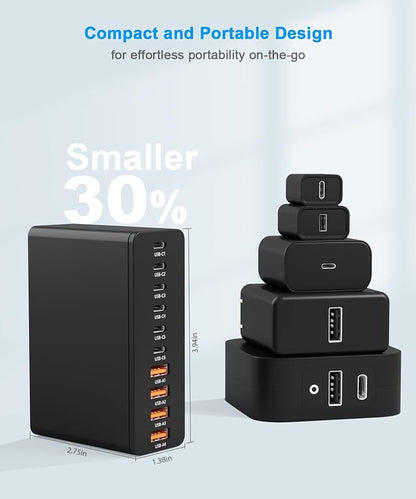 USB C Charging Station 10 Port with 4 USB Cables, 200W GaN Type C Charger Block, Wall Charger Power Strip Adapter Plug for iPad iPhone17 16 15 14 13 12 Pro Max Pixel Note Galaxy