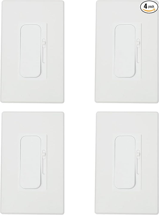 Sunlite LED Wall Rocker Style, Slide Bar Triac Dimmer Switch, Screwless Wall Plates Included, Single Pole or 3-Way Switching, 120 Volts, 200W Max for LED, 600W Max for Incandescent, White, 4 Pack