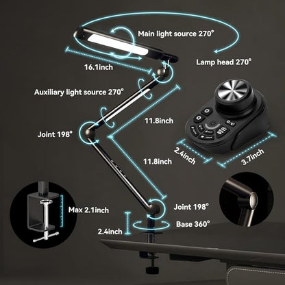 SANDROY VOLT Dual Light Source LED Desk Lamp - Clamp Mount Office Table Light with Knob Remote Control, Adjustable Brightness & Color Temperature, 5 Lighting Modes for Reading, Computer, DIY