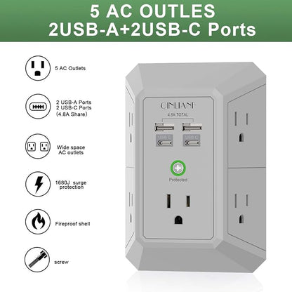 USB Wall Charger, Surge Protector, QINLIANF 5 Outlet Extender with 4 USB Charging Ports (4.8A Total) 3-Sided 1680J Power Strip Multi Plug Outlets Wall Adapter Spaced for Home Travel Office(2U2C),Grey