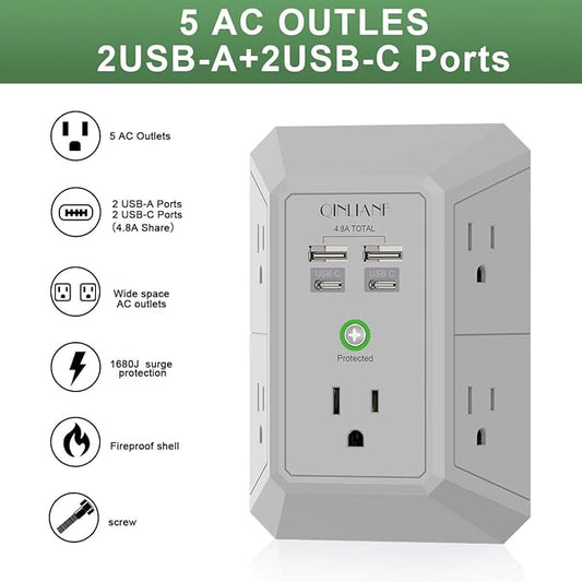 USB Wall Charger, Surge Protector, QINLIANF 5 Outlet Extender with 4 USB Charging Ports (4.8A Total) 3-Sided 1680J Power Strip Multi Plug Outlets Wall Adapter Spaced for Home Travel Office(2U2C),Grey