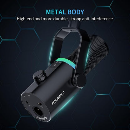 FEELWORLD PM1 XLR USB Dynamic Microphone with Desktop Stand Gifts for Podcast Recording PC Computer Gaming Live Streaming Vocal Voice-Over, Studio Metal Mic, RGB Light, Mute Button, Headphones Jack