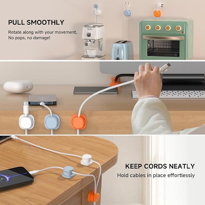 Magnetic Cord Organizer Holder, Upgrade Cord Holder for Nightstand, Adhesive Wire Cable Clips Management Kit for Phone Charger, Computer, Home, Office, Desk, Nightstand (Orange, 6 Packs)