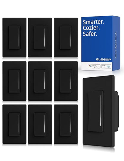ELEGRP Smart Dimmer Light Switch DTR10, Single Pole Setup, 2.4GHz Wi-Fi Touch Dimmer Compatible with Alexa and Google Assistant, Needs Neutral Wire, No Hub Required, UL&FCC Listed, Black, 10 Pack
