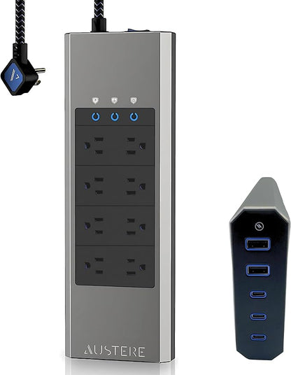 Austere V Series, 8 Outlet Surge Protector Power Strip, 3000 Joules, EMI/RFI Filtering, 3 USB-C and 2 USB-A 2.4 amp Ports, LED Indicators, Overcurrent Protection, 5 Year Component Guarantee
