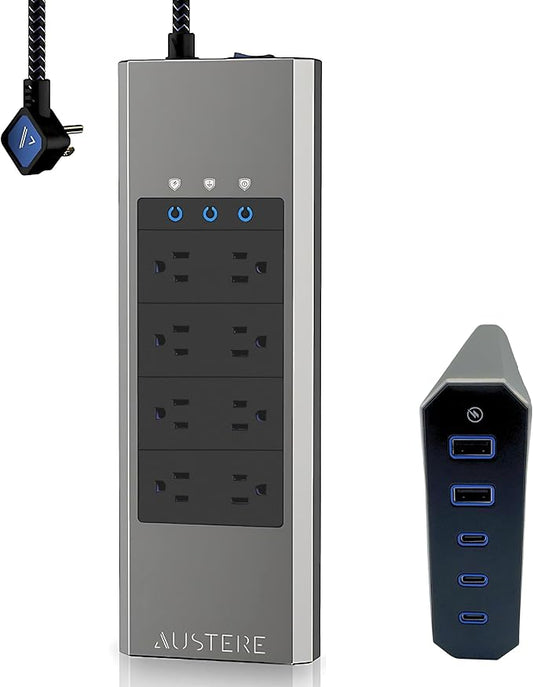 Austere V Series, 8 Outlet Surge Protector Power Strip, 3000 Joules, EMI/RFI Filtering, 3 USB-C and 2 USB-A 2.4 amp Ports, LED Indicators, Overcurrent Protection, 5 Year Component Guarantee