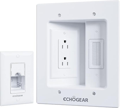 ECHOGEAR TV Cord Hider for Wall Mounted TV – Dual Outlet in-Wall Cable Management Kit for Power & Low Voltage Cables – Includes 6.25”L x 8”H x 3.95”D Module, Wall Template, Saw, 6ft Extension Cord