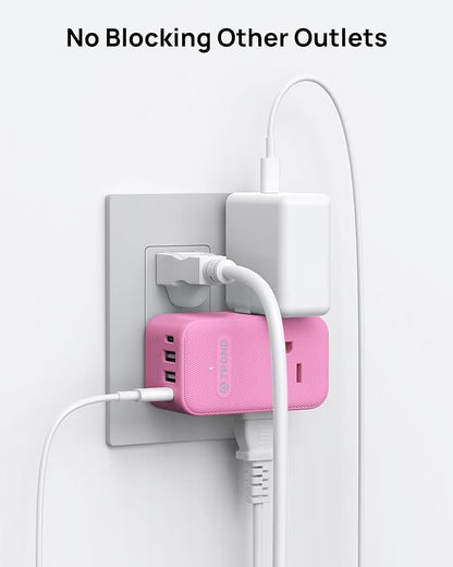 TROND Outlet Extender with USB C, 3 AC Outlet Splitter with 360 Rotation, Multiple Wall Plug with PD 20W Port, Cute Pink Plug Extension for Home Decoration, Travel Cruise Essentials
