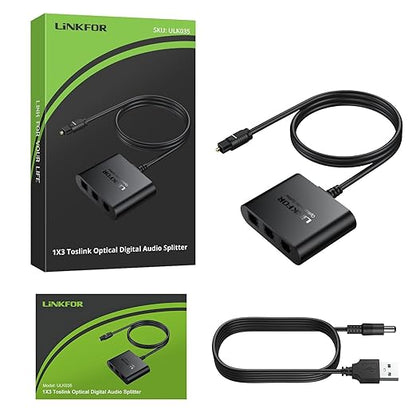 LiNKFOR Optical Cable Splitter 1x3 SPDIF Toslink with 1PCS Optical Audio Cable Toslink Splitter 1 in 3 Out Support LPCM 2.0 DTS Dolby-AC3 Compatible with PS3 DVD HDTV STB Etc