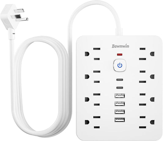 Bawmwim Surge Protector Power Strip - 8 Outlets(1250W/10A) 4 USB A（2 USB C, 10FT Flat Plug Extension Cord, Wall Mount Multi Plug Outlet Extender, ETL Listed for Home, Dorm Room