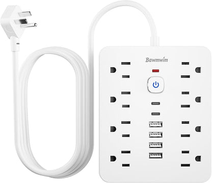 Bawmwim Surge Protector Power Strip - 8 Outlets(1250W/10A) 4 USB A（2 USB C, 6FT Flat Plug Extension Cord, Wall Mount Multi Plug Outlet Extender, ETL Listed for Home, Dorm Room