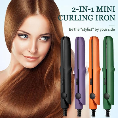 2 in 1 Mini Dual Purpose Curling Iron, 2026 New Portable Curling Wand & Flat Iron Hair Straightener, Mini Wave Hair Curling Iron Wand for Short and All Hair Types (Orange)