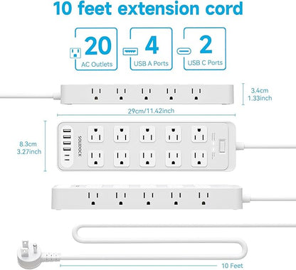 Solidock Power Strip Surge Protector Flat Plug with 20 AC Outlets 6 USB Chagring Ports, 1875W/15A, 2700J, 10 Ft Heavy Duty Extension Cord for Home, Office, Dorm, Gaming,ETL Listed (White, 10FT)
